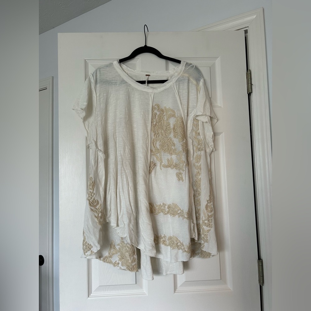 Free people lace detail white/cream oversize tee; size L; $40